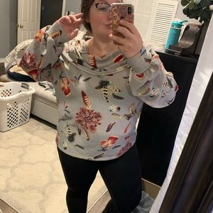 Oversized grey off the shoulder feather sweater